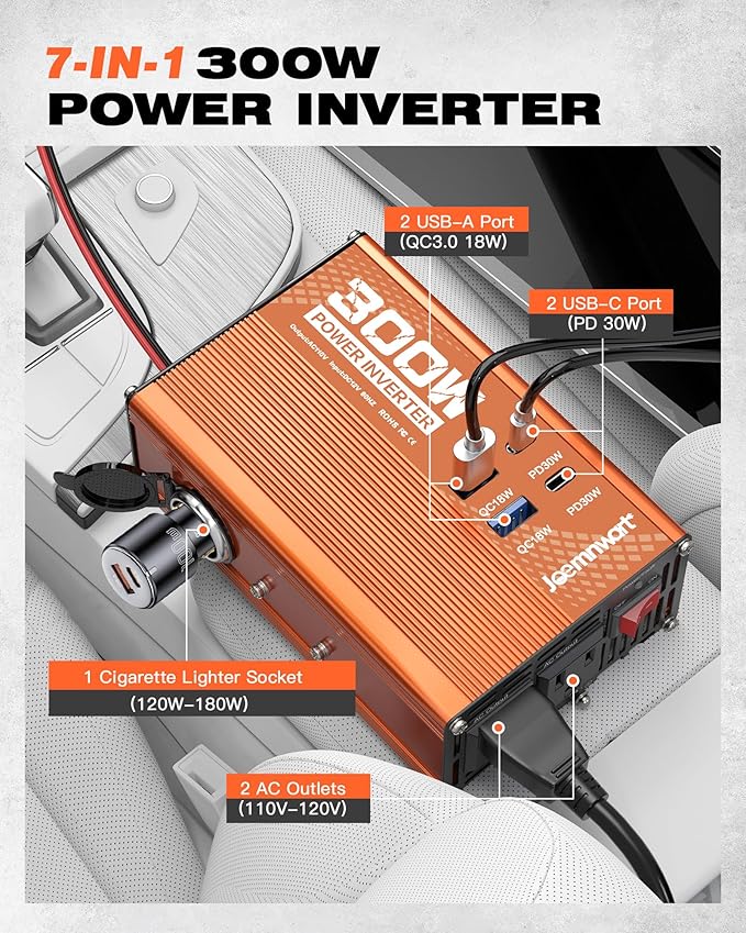300W Car Power Inverter - DC 12V to 110V AC Converter with Fast Charging - 2 USB-A(18W), 2 USB-C(PD30W), and Cigarette Lighter Outlet Portable Car Charger