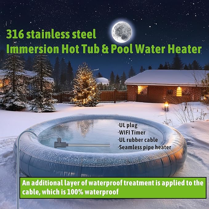 2000W Submersible Immersion Water Heater for Hot Tub & Pool – Portable Electric Heater with Wifi Timer Plug, and Auto Shut Off for Bathtub, Above Ground Pool, Baptism pool, and Baptistry