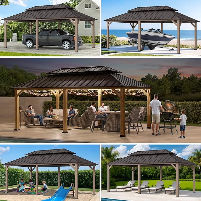SUNJOY 12 x 20 ft. Wood Gazebo, Outdoor Patio Cedar Framed Wooden Hardtop Gazebo with 2-Tier Metal Roof, Suitable for Patios, Lawn, and Backyard, Dark Brown Roof + Dark Wood Frame