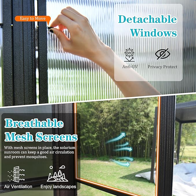 10x12FT Wall Mounted Sunroom, Outdoor Permanent Lean-to Solarium with Detachable Polycarbonate Roof, 2 Lockable Sliding Doors, Aluminum Gazebo Against The Wall Sun Room for Garden Patio Deck