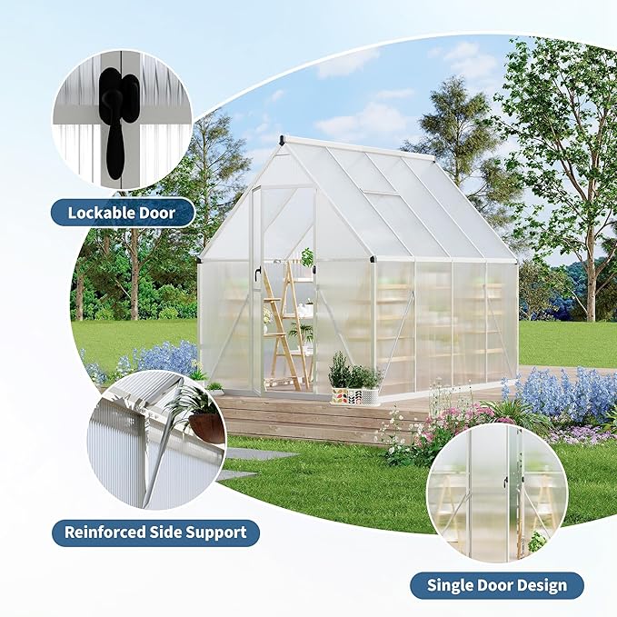 GAOMON 8x10 FT Outdoor Greenhouse with Roof Vent, Heavy Duty Aluminum Polycarbonate Greenhouses, Easy Assembly, Lockable Door, Large Walk-in Greenhouse for Patio, Backyard, Garden