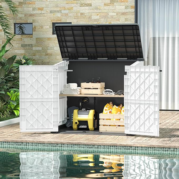 Light Gray Outdoor Resin Storage Shed 36 Cu. Ft. Garden Horizontal Storage Extra Large Capacity Weather Resistant Storage Box, Lockable Resin Waterproof Shed for Garbage Cans, Garden Tools
