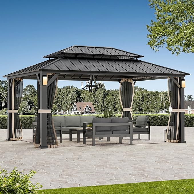 Modern Shade The Horizon Hardtop Gazebo 12' x 16' with 4 LED Lights, Permanent Outdoor Gazebo with Galvanized Steel Double Roof, Grill Pavilion with Decor Hooks, Mosquito Nettings, Black