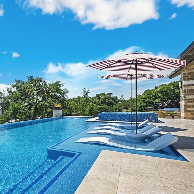 Midtown Umbrellas The Wooden 8 Feet Patio Umbrella With Terylast Red Stripes (Red/White Stripes) Polyester Fabric - Aluminum Frame Market Umbrella For Backyard, Deck, Garden, Pool - Wooden Pole