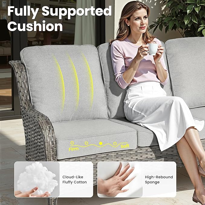 ovios 6 Pieces Patio Furniture Set, Outdoor Wicker Sofa Couch with Swivel Chairs Ottomans Comfy Cushions, High Back All Weather Modern Conversation Sets, Grey Rattan, Grey
