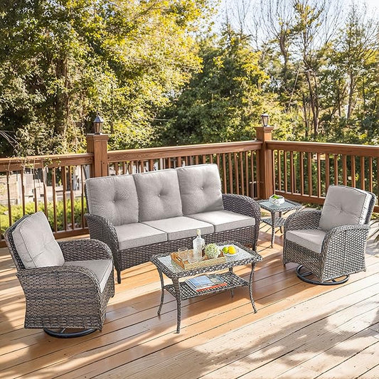 5 Piece Patio Furniture Set - Wicker Patio Conversation Set with Swivel Glider, 3 Seat Sofa, Tempered Glass Side Table and Coffee Table for Deck Backyard - Brown Wicker Beige Cushion