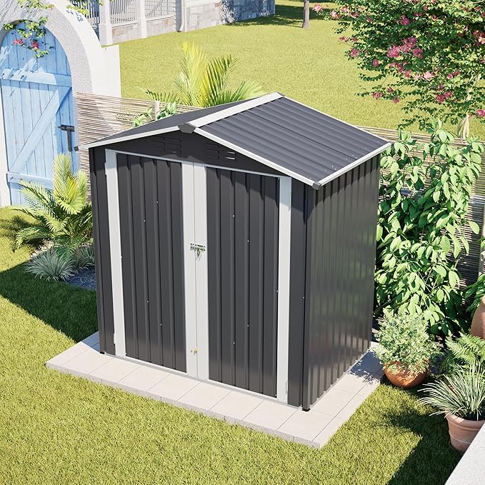 4×6 Ft Metal Outdoor Storage Shed with Floor Base, 0.25mm Galvanized Steel Metal Garden Shed Waterproof with Lockable Door for Backyard, Patio, Garden, Dark Grey