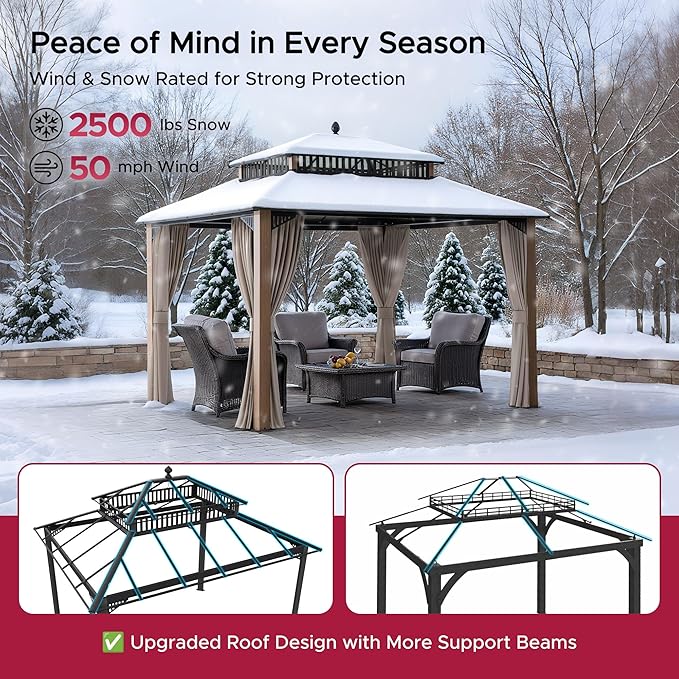 SUNJOY Kingston 12' x 10' Hardtop Gazebo with Galvanized Steel/Polycarbonate Double Roof, Curtain and Netting, Woodgrain Finish Aluminum Posts Permanent Pavilion Gazebo for Garden, Patio, Deck, Lawn