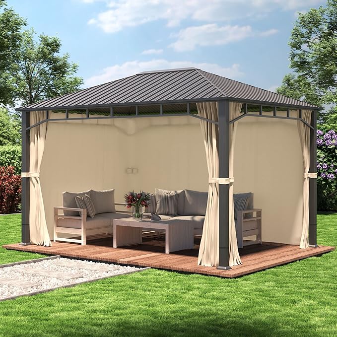 TOOLPORT Hardtop Gazebo 10x13 ft with Steel Roof - 4 Side Panels in Champagne - Approx. 3.54x3.54 in Aluminium Poles