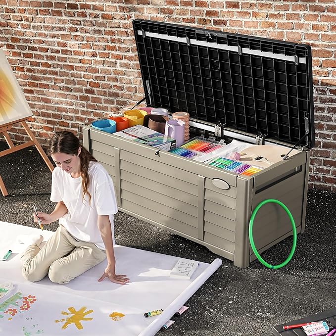 DWVO Outdoor Louver Storage Deck Box w/120 Gallon Capacity, Large Storage Box for Outdoor Pillows, Garden Tools and Pool Supplies, Resin, Waterproof, Lockable (Black & Brown)