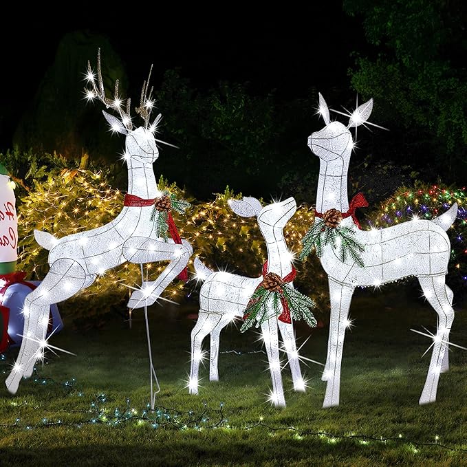 Lulu Home Set of 3 Pre-lit White Reindeer with 255 LEDs Clear White Lights, 3D Light Up Glittered Standing Reindeer Family for Xmas Lighted Holiday Display Indoor Outdoor