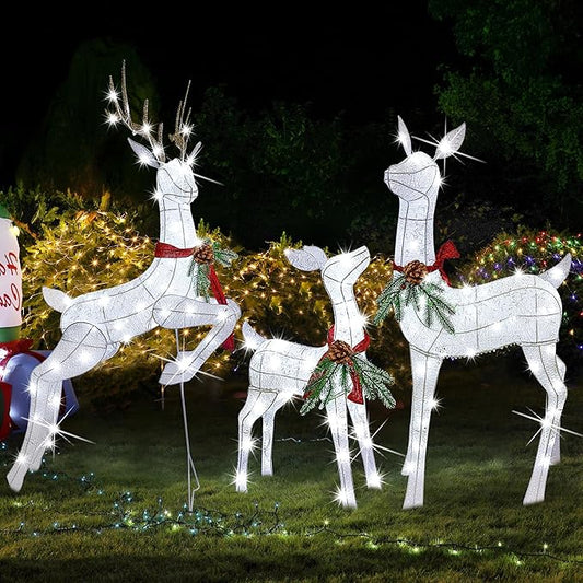Lulu Home Set of 3 Pre-lit White Reindeer with 255 LEDs Clear White Lights, 3D Light Up Glittered Standing Reindeer Family for Xmas Lighted Holiday Display Indoor Outdoor