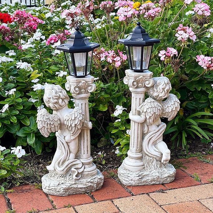 Angel Statue with Solar Lights (Left) 19.7 Inch, Outdoor Solar Angel Garden Statue with Roma Pillar for Garden Lawn Deocr, Christian Religious Gift