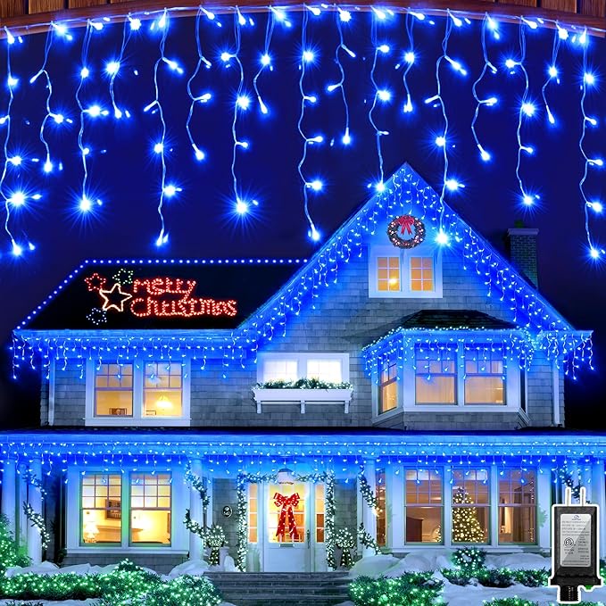 792 LED Christma Lights with 176 Drops, 82ft Outdoor Hanging lights with 8 Modes & Timer Memory, Outsite Waterproof Curtain String Lights for Front House Fence Tree Holiday Decorations Decor Blue