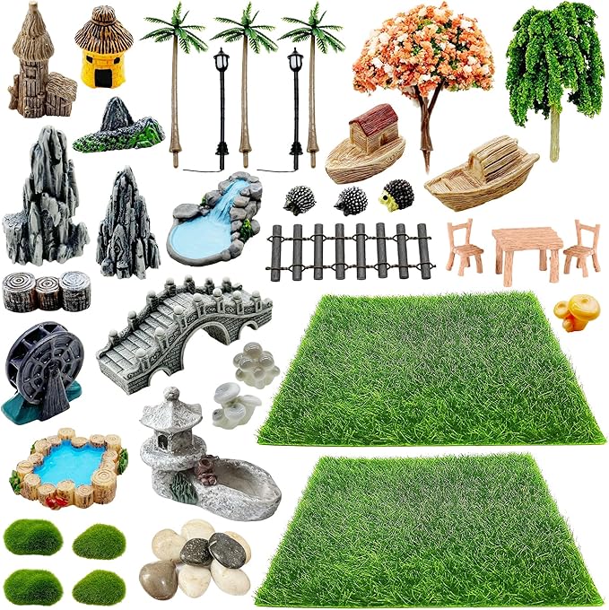 Woohome 42 PCS Mini Garden Accessories Fairy Garden Kit Micro Landscape Mini Zen Garden Accessories for Diorama Project DIY, Mini House Decor