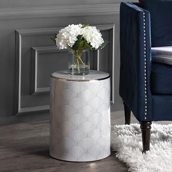 JONATHAN Y TBL1001A Fish Scale 17" Modern Ceramic Indoor/Outdoor Garden Stool, Coastal, Contemporary, Transitional, Side Table, Plant Stand, Spill-Proof, Living Room, Garden Room, Patio, White/Gold