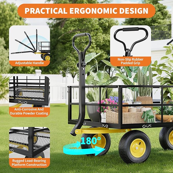 3-in-1 Heavy-Duty Steel Garden Cart, 1200 Lbs Garden Wagon, with 13 Inch All-Terrain Tires and Removable Mesh Side Panels, 180° Rotating Handle, Metal Utility Yard Trailer, Outdoor Gardens Wagon Cart