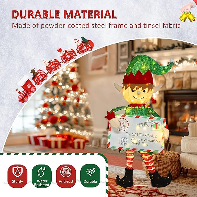VEIKOU 4.8 FT Lighted Christmas Elf Decoration with Envelope, 3D Christmas Elf Yard Decor with 100 Warm LED Lights, Ground Stakes and Zip Ties, Outdoor Xmas Holiday Display for Garden, Lawn, Patio