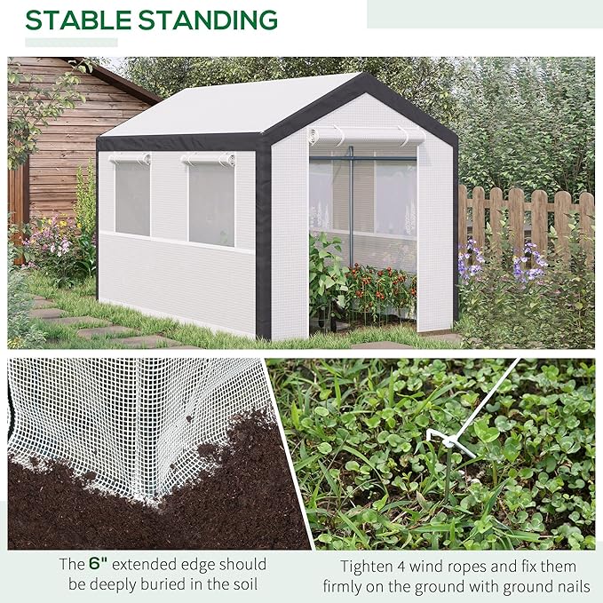 Outsunny 10' x 7' x 7' Greenhouse, Walk-in Outdoor Tunnel Green House with PE Cover, Steel Frame, 2 Roll-Up Zipper Doors & 4 Windows for Flowers, Vegetables, Tropical Plants, White