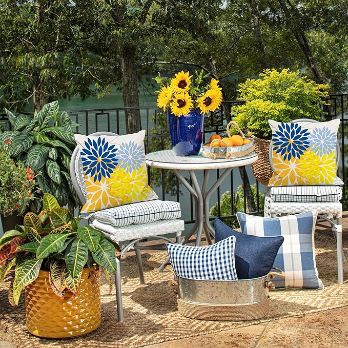 DFXSZ Outdoor Pillow Covers 16x16 Inch Set of 2 Yellow Blue Flower Decorative Waterproof Spring Summer Outdoor Pillow Covers for Patio Funiture Garden Couch 168E16