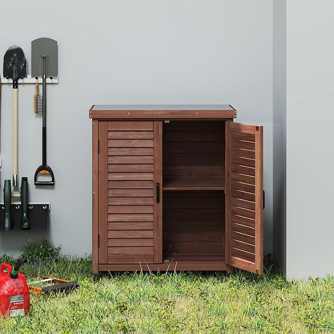 Elegant Brown Solid Wood Potting Bench with Storage Cabinet & Durable Metal Table Top for Outdoor Patio, Perfect Garden Furniture Workstation 31.5x17x36