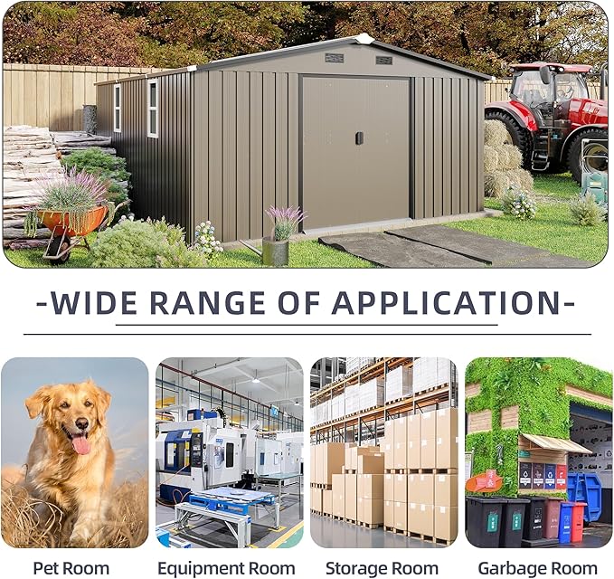 10×12 Ft Metal Shed Outdoor Storage with Two Daylight Windows, 0.25mm Galvanized Steel Metal Garden Shed Waterproof with Lockable Door for Backyard, Patio, Garden，Brown