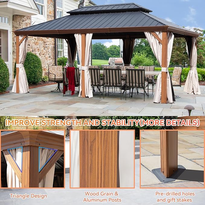 12' X 18' Double-Tier Hardtop Gazebo, Thermal Transfer Faux Wood Metal Gazebo with Galvanized Steel Roof Curtain and Netting, Permanent Gazebo Pavilion for Patio, Backyard, Deck, Lawn