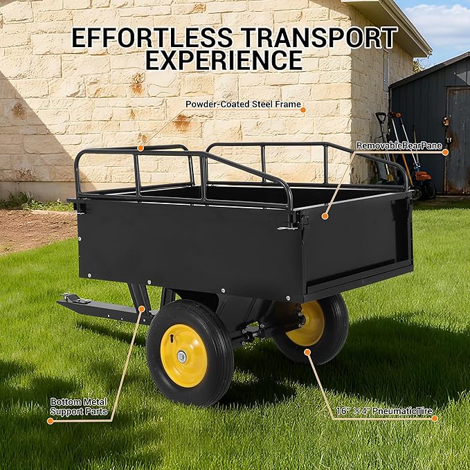 Heavy Duty ATV Dump Cart - Steel Tow Behind Trailer, 750 lbs, 15 Cubic Feet Garden Utility with Removable Sides