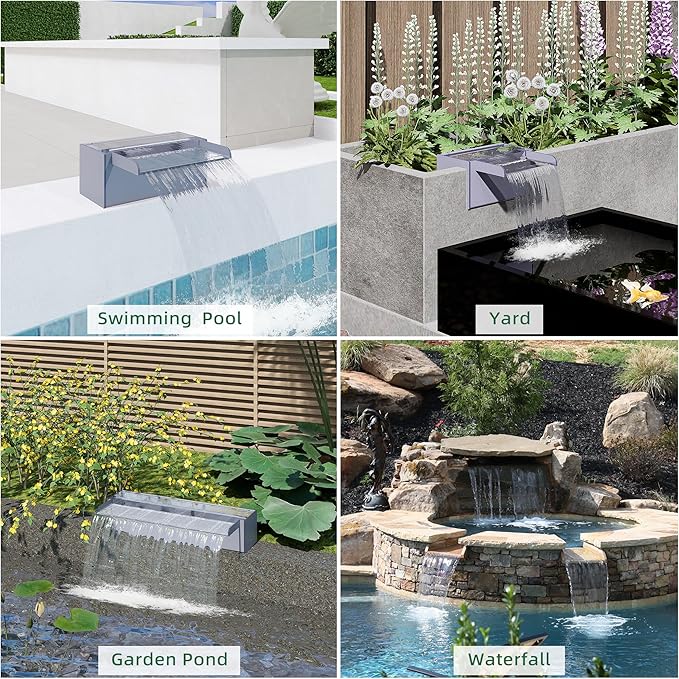 Pool Fountain, LONGRUNNEW Transparent Acrylic Pool Waterfall Spillway, 11.8 Inches Pool Water Feature for Garden Patio, Backyard Koi Pond Decor