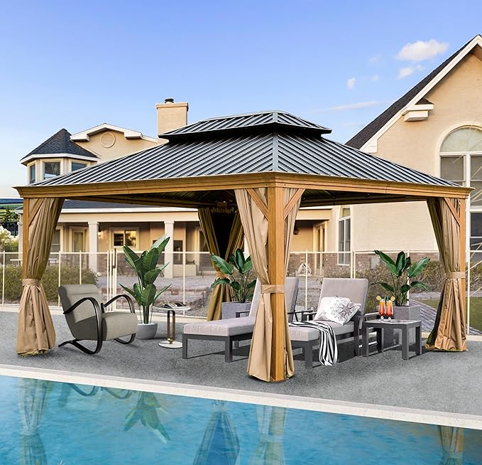 Domi Outdoor Living 12’x16’ Hardtop Gazebo, Wooden Coated Aluminum Frame Canopy with Galvanized Steel Double Roof, Outdoor Permanent Metal Pavilion with Curtains and Netting for Patio, Deck and Lawn