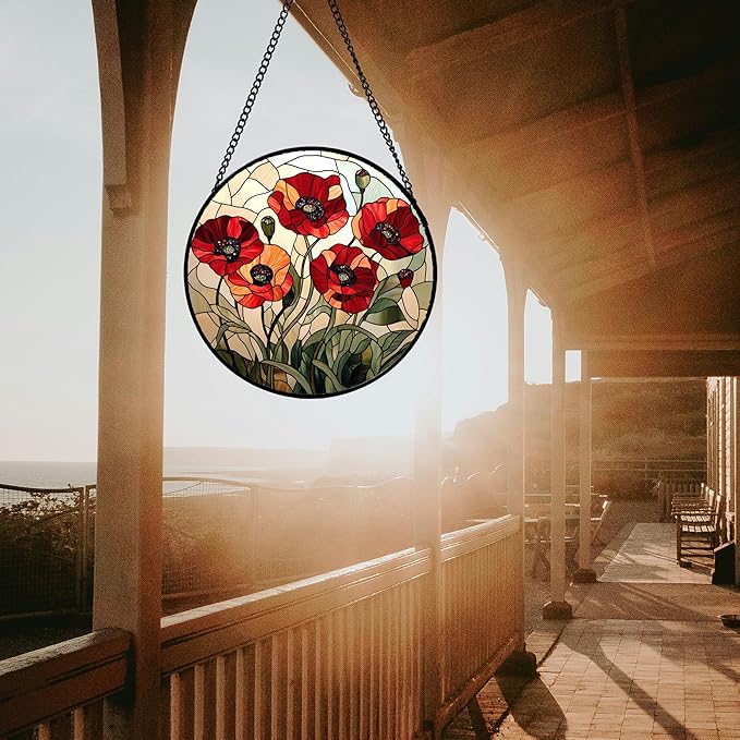 Stained Glass Window Hanging - Red Wildflowers Suncatcher for Door Garden Yard Flowers Sun Catchers Decor Christmas Mother's Day Birthday Gifts for Women Mom Nana Friend Men 7.8 in
