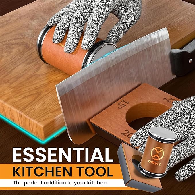 Rolling Knife Sharpener Kit – Magnetic 4-Angle Base, 3.86 Inches Longer Wooden Roller, 4 Grit Discs (1000/400 Diamond & 3000 Maroon / 6000 White Ceramic) and Leather Strop