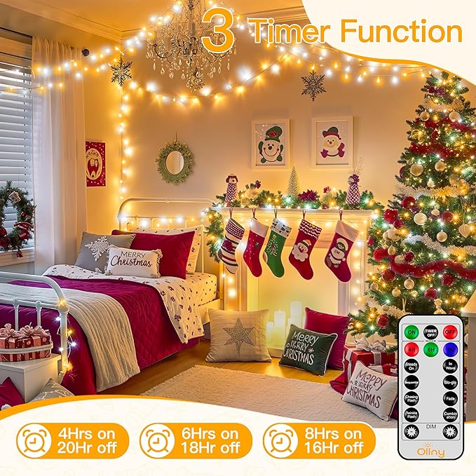 Ollny Warm White and Cool White Christmas Lights Waterproof, 400LED 131FT String Lights with Remote 3 Timer, Plug in 8 Modes Fairy Light for Xmas Tree Indoor Bedroom House Decorations