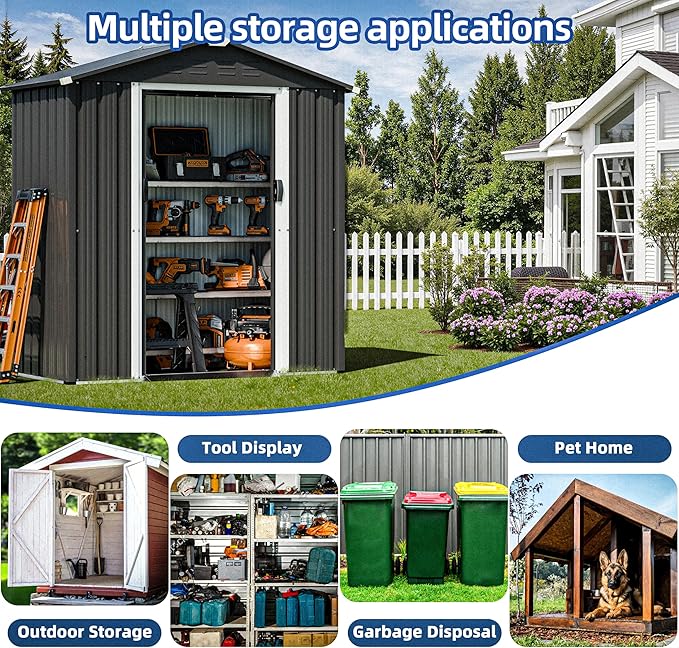 JY QAQA 6x4 FT Outdoor Garden Storage Shed, Waterproof Metal Garden Sheds with Lockable Double Door, Weather Resistant Steel Tool Storage House Shed for Patio, Lawn Gray