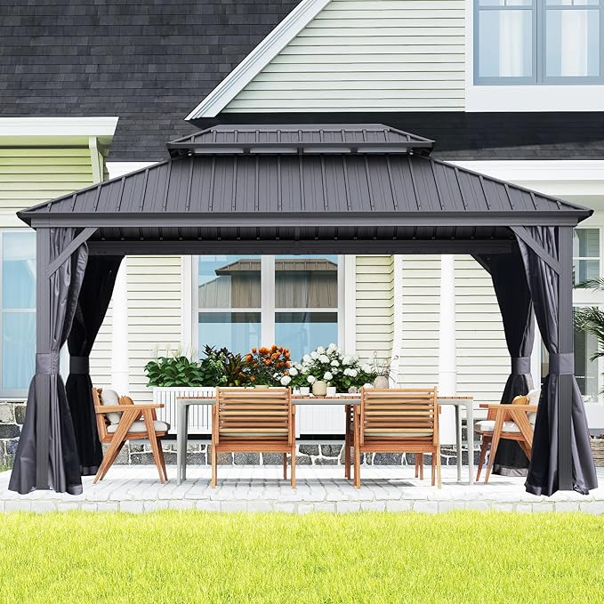 Domi 10’ X 14’ Hardtop Gazebo Canopy with Netting & Curtains, Outdoor Metal Gazebo with Galvanized Steel Double Roof for Patio Lawn and Garden, Gray