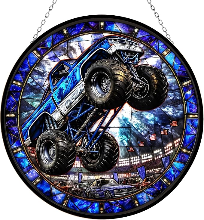 Monster Truck Stained Glass Window Hanging Window Suncatcher 12" Glass Panel with Metal Chain and Hooks Sun Catchers Indoor Wall Art Home Decor Gift for Women Mother's Day