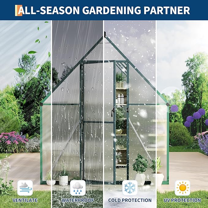 6X7 ft Polycarbonate Greenhouse with Aluminum Frame, Polycarbonate Greenhouse for Outdoors, Greenhouses with Ventilation, Aluminum Large Walk-in Greenhouses for Outside