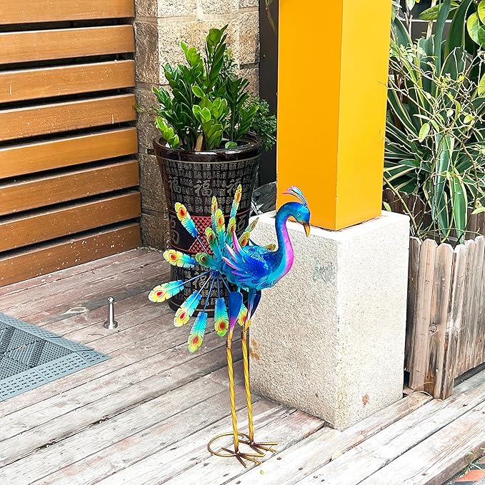 Decorative Metal Peacock Garden Statue, Iridescent Blue Purple Finish, Outdoor Lawn Ornament with Feather Display