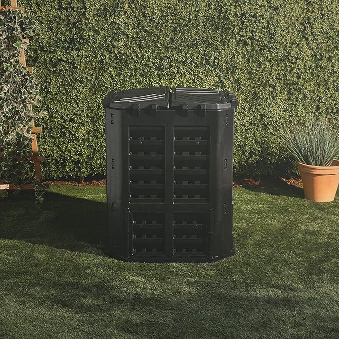 VonHaus Compost Bin for Garden 360L – Composter with Slatted Design for Aeration, Rainwater Collection, Side Flap & Lid – Outdoor Compost Converter – Frost & UV Resistant - Black