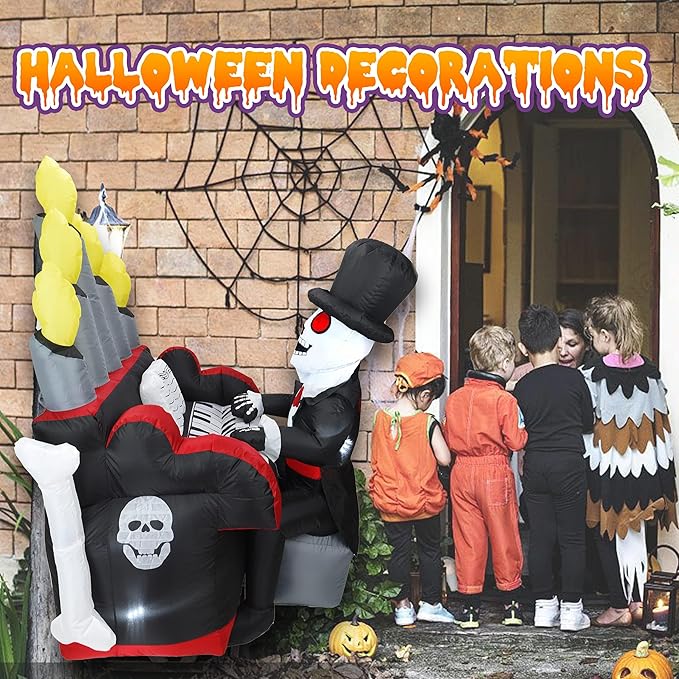 Bonus Bluetooth Speaker! 5.4x5.4FT Giant 3D Novelty Halloween Inflatable Skeleton Playing Piano with Build-in LED Lights and Bluetooth Speaker, Playing Music Remotely by Youself! Outdoor Indoor Decor