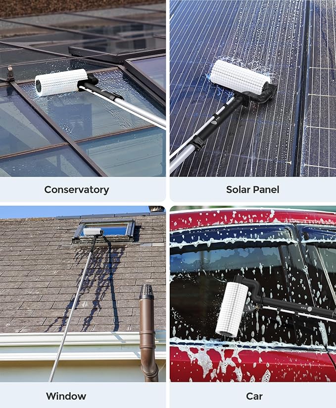 LyriFine Electric Solar Panel Cleaning Brush and Pole Kit, 20Ft Extendable Washing Kit with Water Fed Pole, 2 Speed & Soap Dispenser, Outdoor Window Cleaning Tool for Solar Panel, Window, Roof, RV