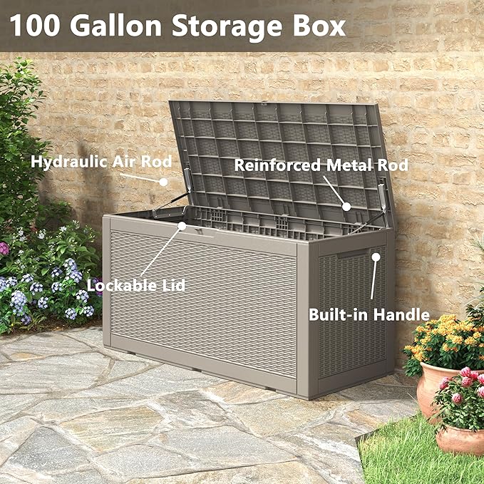 100 Gallon Deck Box Large Outdoor Storage Boxfor Patio Furniture,Outdoor Cushions, Garden Tools, Sports Equipment and Pool Supplies, Waterproof, Resin, Lockable