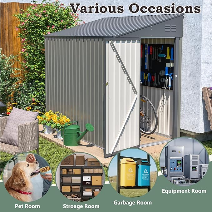 4 × 7 FT Lean to Storage Shed, Outdoor Metal Wall Side Bike Mower Sheds & Outdoor Storage Cabinet, Lockable Tool Organization Shed for Garden Patio
