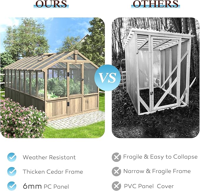 8x16 FT Greenhouse for Outdoor, 6MM Thick Polycarbonate Panel Wooden Walk-in Green House with Adjustable Roof Vents and Lockable Door, Backyard Garden, Light Mocha Brown