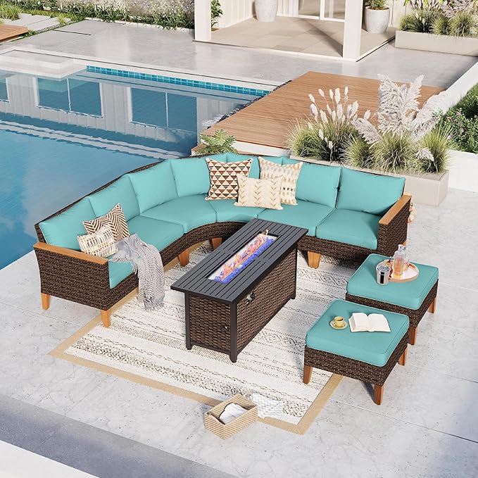 GREEN PARTY 8 Pieces Wicker Patio Furniture Set with 56" Fire Pit Table, All-Weather Outdoor Rattan Patio Half-Moon Curved Sectional Sofa Conversation Set with 4" Thick Cushions for Garden (Blue)