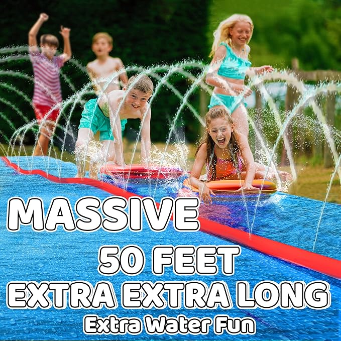 JAMBO 50Ft MEGA XXL Water Slide and 2 Bodyboards, Heavy Duty Slip and Splash with Inflatable Crash Pad, Long Summer Water Toy Sprinkler, Backyard Outdoor Fun n Toys for Kids