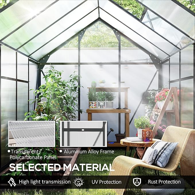 Outsunny 6' x 8' Greenhouse for Outdoors, Polycarbonate Greenhouse with Rain Gutter and Roof Vent, Aluminum Walk-in Green Houses for Outside for Patio Backyard Garden, Gray