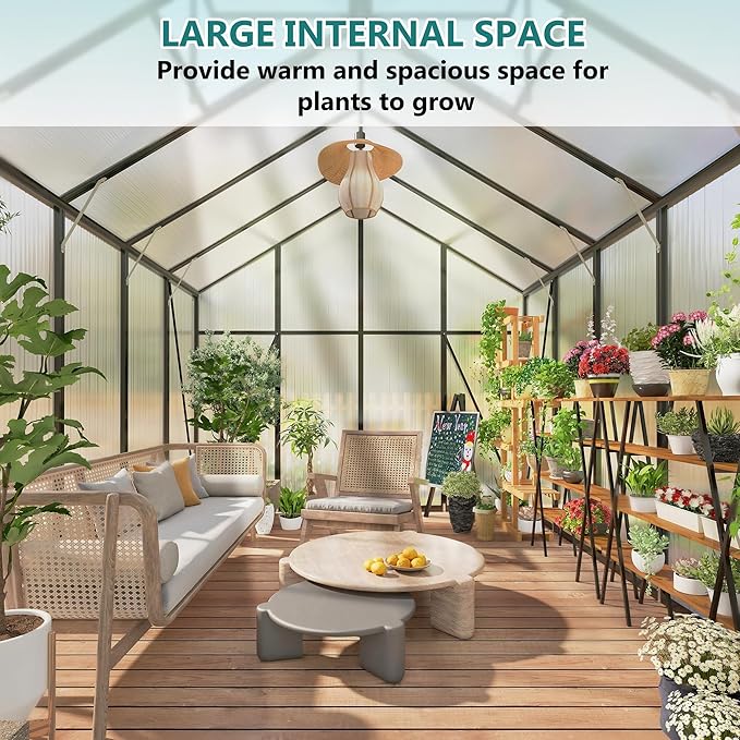 Greenhouse for Outdoors 8x14x7.8FT, Polycarbonate Greenhouse with Stronger Wind Protection and Roof Vent, Walk-in Large Aluminum Sunroom Winter Proof, Black