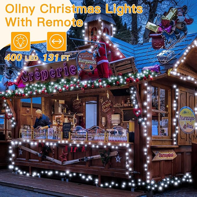 Ollny Christmas Lights Outdoor 400LED 131FT, Cool White Fairy Lights with Remote 3 Timer, Plug in 8 Modes String Lights for Bedroom Indoor Outside House Party Xmas Decorations
