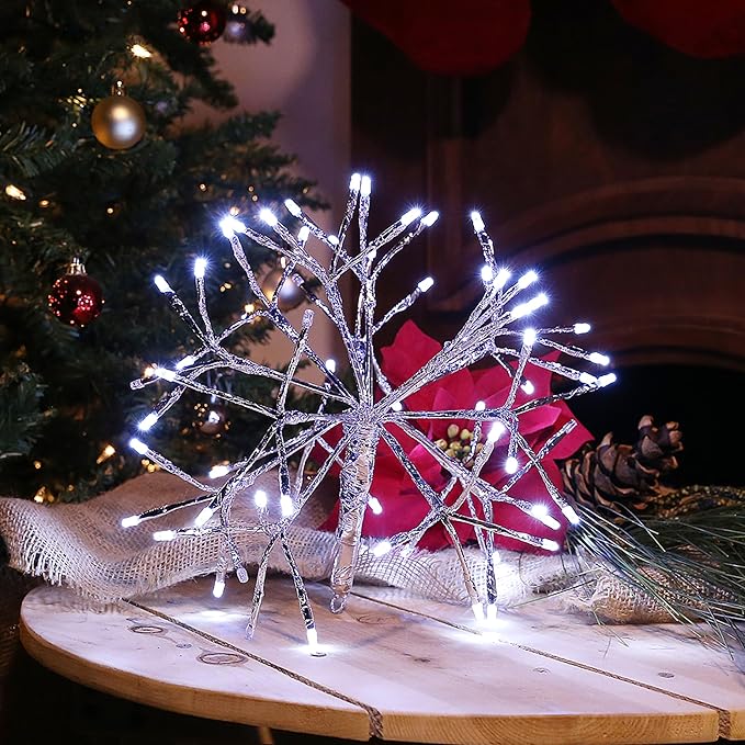 Alpine Corporation | 10"H Indoor Christmas Snowflake Ornament with White LED Lights — Elegant Glowing Silver Holiday Décor for Tabletops & Mantels